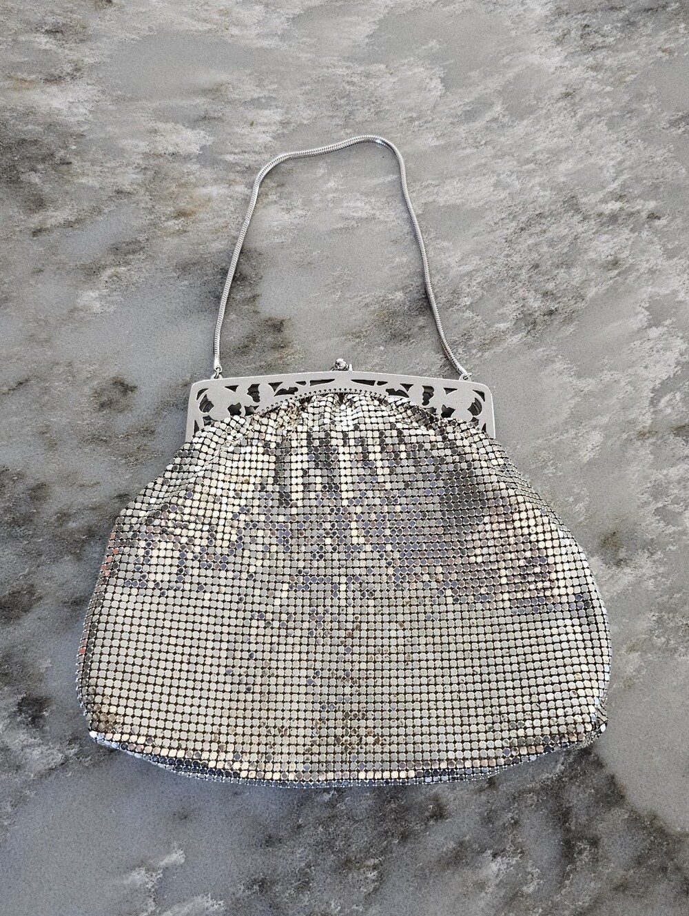 Vintage Whiting Davis Silver Mesh Handbag 40s 50s Art Deco Filigree Clutch Purse